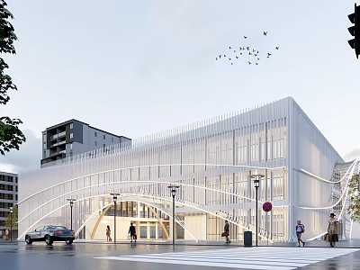 Modern White Curved Building With Glass Facade Urban Pedestrians Vehicles And Flying Birds 3d model