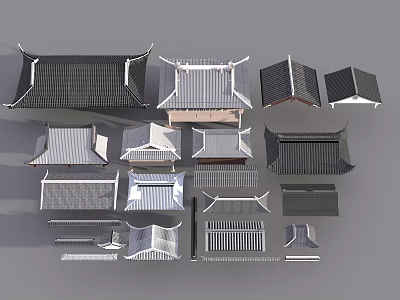 Traditional Chinese Architectural Roof Components with Various Styles Tile Designs and Eaves Structures 3d model