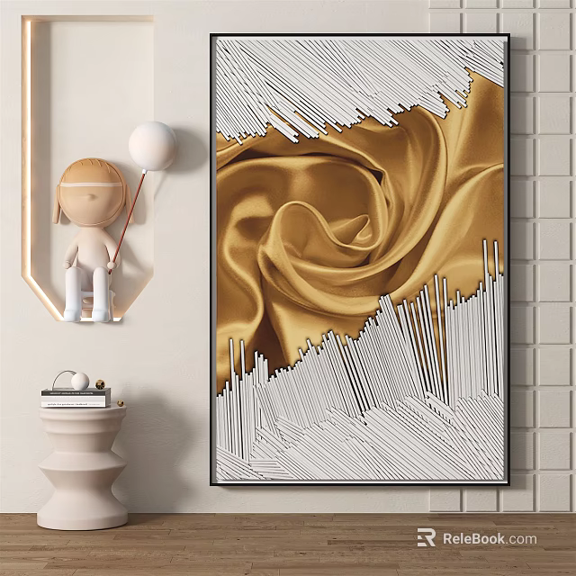 Abstract Wall Art Painting With Golden Silk Texture And White Linear Elements 3d model