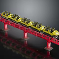 Amusement Park Roller Coaster With Yellow Cars Red Track And Support Structures Seats