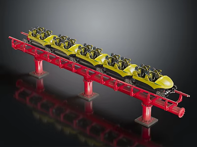 Amusement Park Roller Coaster With Yellow Cars Red Track And Support Structures Seats 3d model