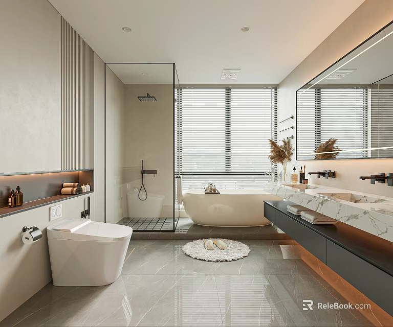 Modern Bathroom Interior With Glass Shower Freestanding Bathtub Marble Vanity Double Sink Mirror 3d model 