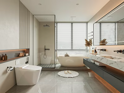 Modern Bathroom Interior With Glass Shower Freestanding Bathtub Marble Vanity Double Sink Mirror 3d model