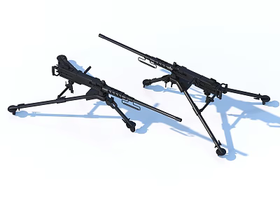 Two Black Machine Guns Mounted On Tripods Against White Background 3d model