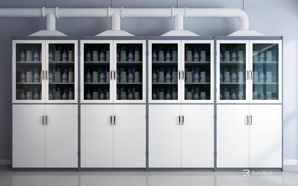 Laboratory Display Cabinets With White Bodies Glass Doors And Bottles Inside 3d model 