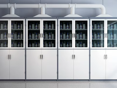 Laboratory Display Cabinets With White Bodies Glass Doors And Bottles Inside 3d model