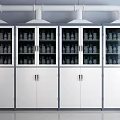 Laboratory Display Cabinets With White Bodies Glass Doors And Bottles Inside