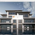 Modern Detached Villa Featuring Large Glass Windows Balconies and Water Reflection Under Blue Sky