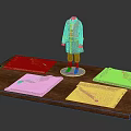 Mannequin In Brown Coat With Yellow Maroon And Brown Fabric Samples