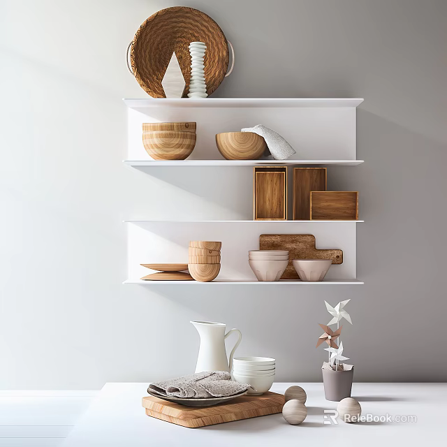 Kitchenware on white wall shelves with wooden bowls ceramic bowls and pitcher 3d model 