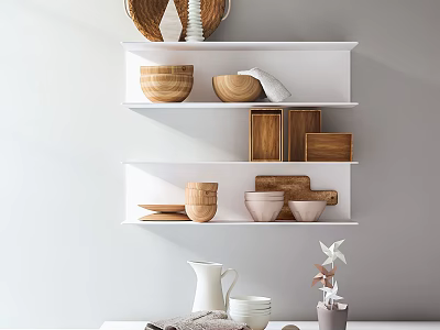 Kitchenware on white wall shelves with wooden bowls ceramic bowls and pitcher 3d model