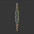 Detailed Blue Warship Featuring Red And White Stripes On Stern And Green Hull