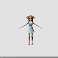 Girl With Red Hair Wearing Brown Hat Blue White Striped Top And White Dress Sandals