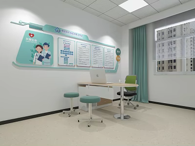 Modern Interior Space With Green Information Board Table Stools Chair And Laptop By Window 3d model