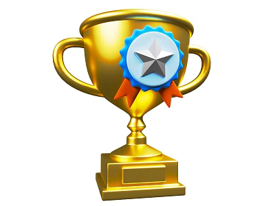 Golden Trophy With Two Handles Blue Badge With Silver Star And Orange Ribbons On Base 3d model