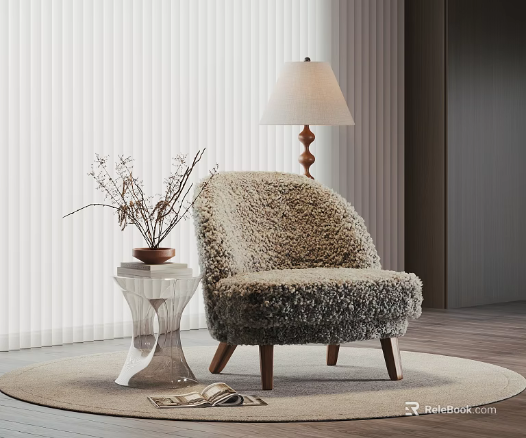Cozy Furry Beige Accent Chair With Glass Side Table Floor Lamp On Round Rug 3d model 