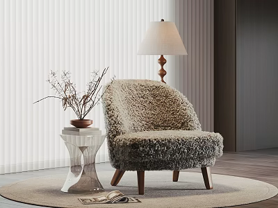 Cozy Furry Beige Accent Chair With Glass Side Table Floor Lamp On Round Rug 3d model