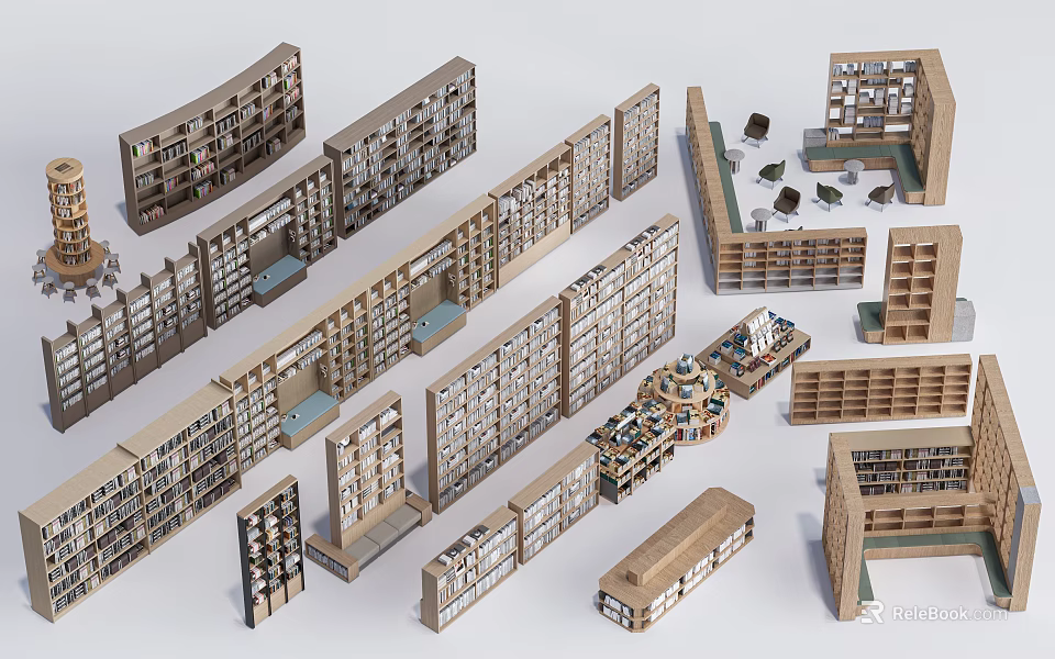 Modern Wooden Bookcases With Open Shelves Various Sizes And Multiple Designs 3d model 