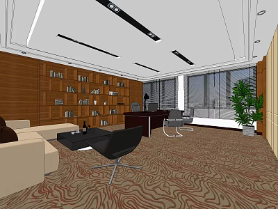 Modern Front Desk Reception Area With Wooden Bookshelves Sofa Plant And Carpet 3d model