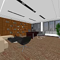 Modern Front Desk Reception Area With Wooden Bookshelves Sofa Plant And Carpet
