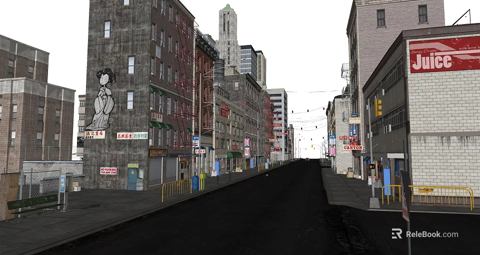 Vibrant Commercial Street With Mural Store Signs Buildings And Street Lamps 3d model 