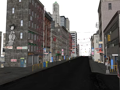 Vibrant Commercial Street With Mural Store Signs Buildings And Street Lamps 3d model