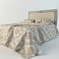 Elegant Double Bed With Silver Carved Headboard And Beige Tufted Design Gold Patterned Bedspread 3d model