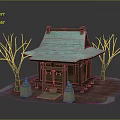 Cartoon Scene of Japanese Wooden House With Green Roof Bare Trees and Stone Lanterns