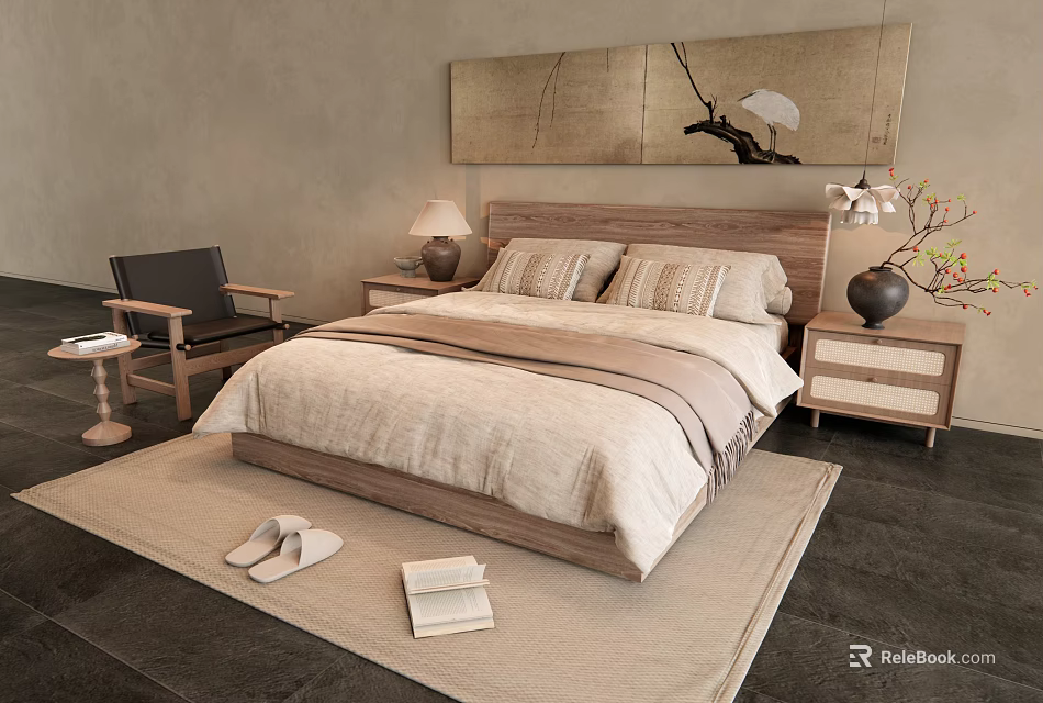 Double Bed with Wooden Headboard Beige Bedding Nightstands Table Lamp Vase Rug Slippers and Book 3d model 