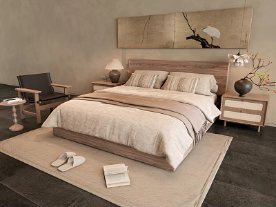 Double Bed with Wooden Headboard Beige Bedding Nightstands Table Lamp Vase Rug Slippers and Book 3d model