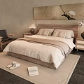 Double Bed with Wooden Headboard Beige Bedding Nightstands Table Lamp Vase Rug Slippers and Book