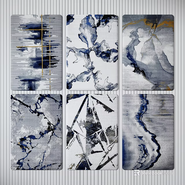 Modern Square Rugs With Blue White Abstract Ink Patterns And Gold Accents 3d model 
