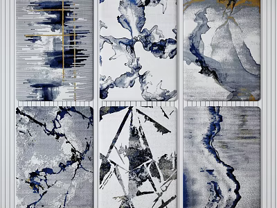 Modern Square Rugs With Blue White Abstract Ink Patterns And Gold Accents 3d model
