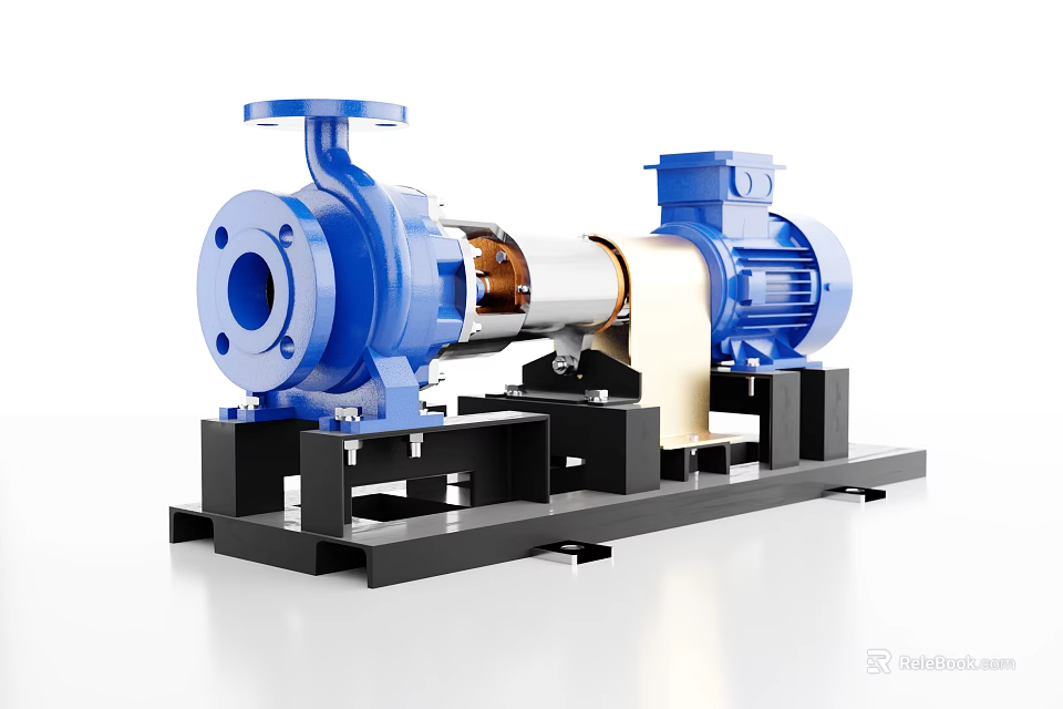 Blue Industrial Pumps Mounted On Black Steel Base With Stable Structure 3d model 