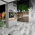 Cafe Interior Design With Hanging Chandeliers Green Plants Wooden Bar And Gray Floor Tiles