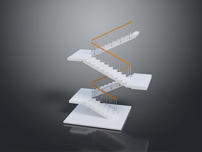 Modern Staircase Design With White Steps Orange Handrails And Floating Platforms 3d model