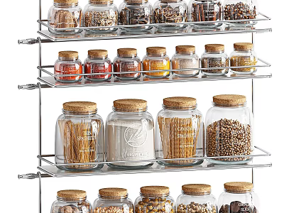 Kitchen Glass Spice Jars With Sealed Lids On Stainless Steel Storage Rack 3d model