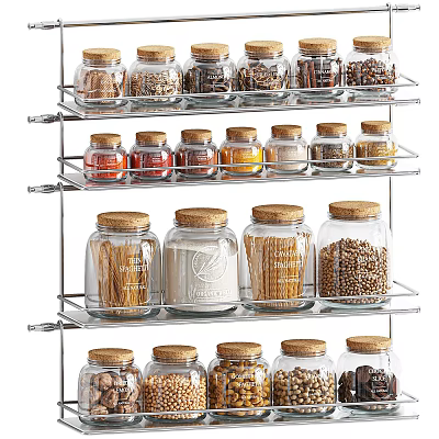 Kitchen Glass Spice Jars With Sealed Lids On Stainless Steel Storage Rack 3d model