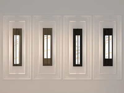 Modern Rectangular Wall Lamps In Wooden And Black Colors On White Wall With Transparent Panels 3d model