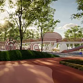 Spacious Children's Play Area With Circular Structures Red Pathways Green Lawns And Shady Trees