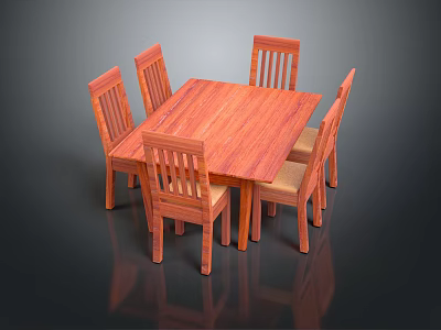 Wooden Dining Table Set with Six Slatted Back Chairs and Rectangular Wooden Tabletop 3d model