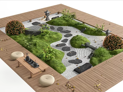 Garden Landscape with Wooden Deck Stone Stepping Path Green Plants Stone Lantern and Wooden Table 3d model