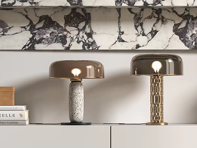 Stylish Table Lamps With Textured Stone And Metal Grid Bases On Shelf With Marble Backdrop 3d model