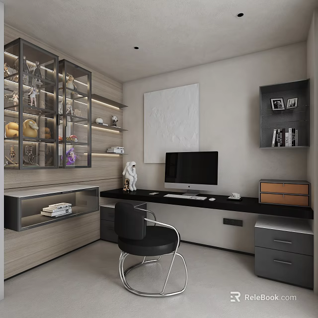 Modern Study Room With Built in Shelves And Computer Desk 3d model