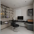 Modern Study Room With Built in Shelves And Computer Desk 3d model