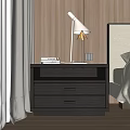 Modern Dark Wood Bedside Table With Two Drawers White Lamp And Bed 3d model