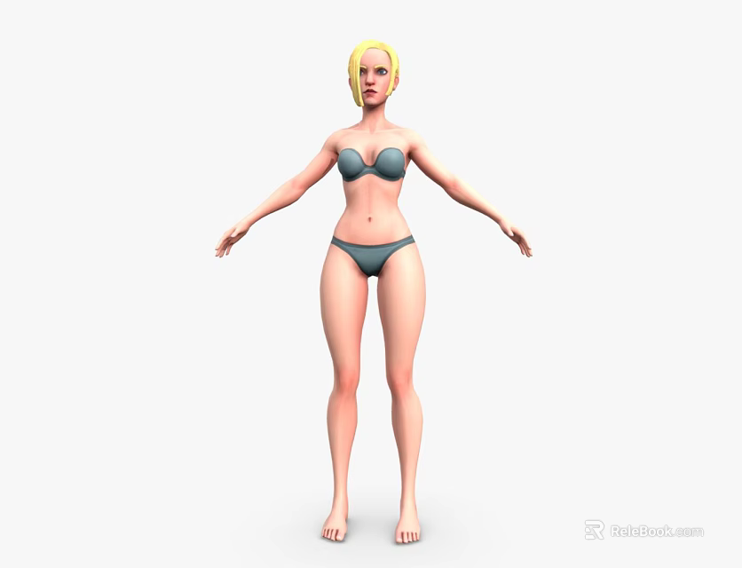 Blonde Woman Wearing Gray Bikini Standing with Arms Naturally Down Barefoot on White Background 3d model 