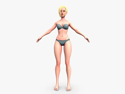 Blonde Woman Wearing Gray Bikini Standing with Arms Naturally Down Barefoot on White Background 3d model