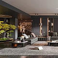 Modern Living Room Interior With Grey Sofas Area Rug Coffee Tables And Stone Wall