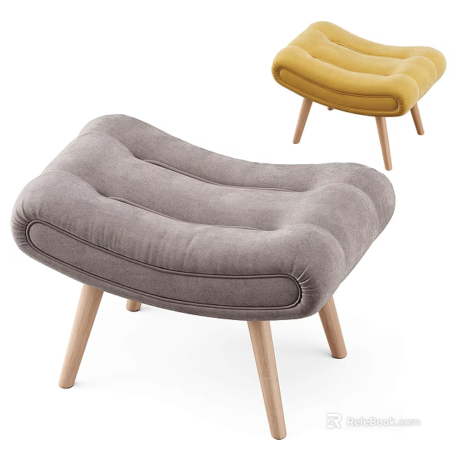Gray Yellow Upholstered Ottoman With Modern Wooden Legs And Soft Padding 3d model 